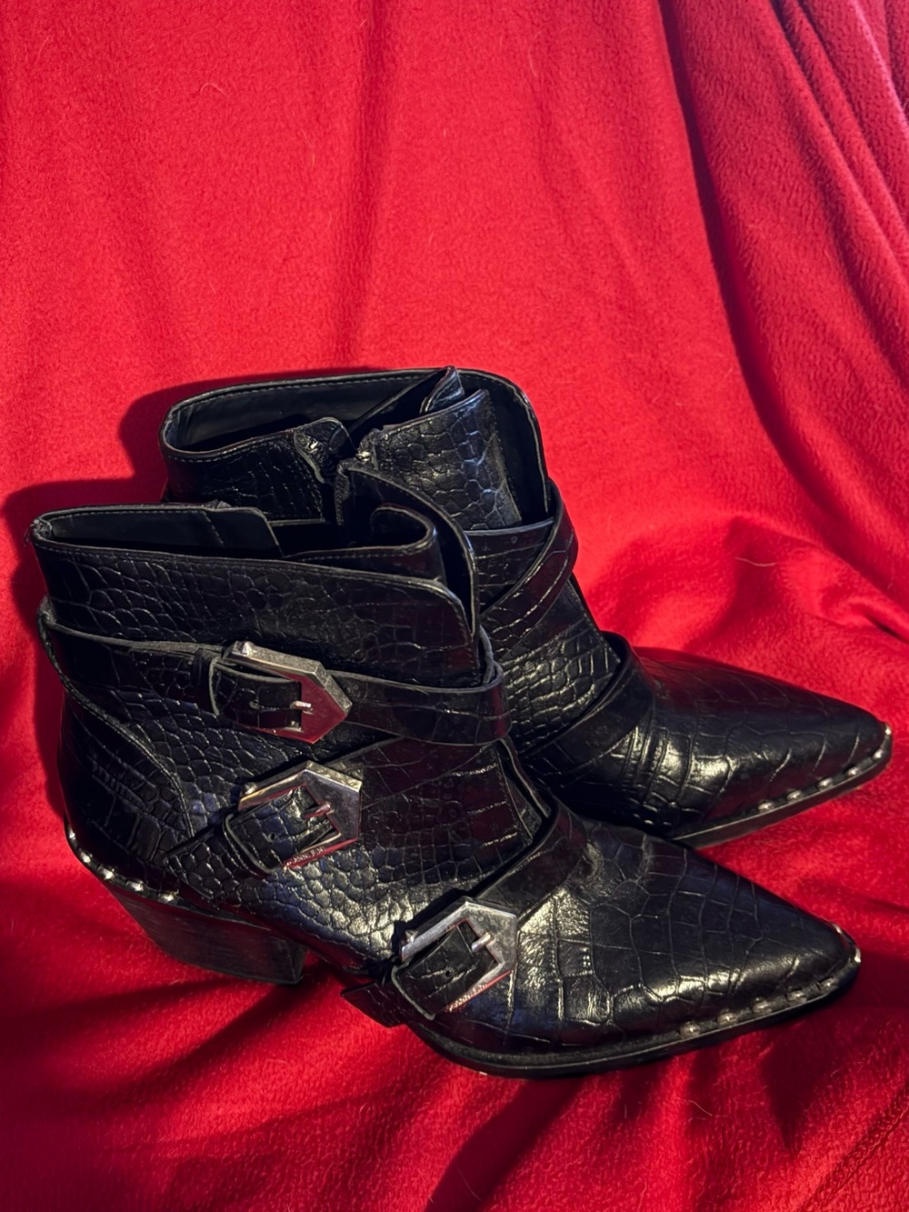 Gianni Bini Black Croc-Embossed Pointed Ankle Booties with Triple Buckles